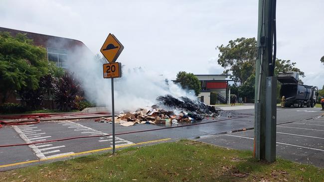 A rubbish truck was forced to dump its load after the wast burst into flames outside Aquinas College on Sunday, February 2. Picture: Dean McNicol