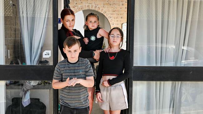 OCTOBER 24, 2024: Stephanie Scott with her children Jasmine, 12yo, Jordon 8yo and Leon 2yo. Stephanie has spent 12 years on the public waitlist and four months in a motel with a disabled child. Picture: Brenton Edwards