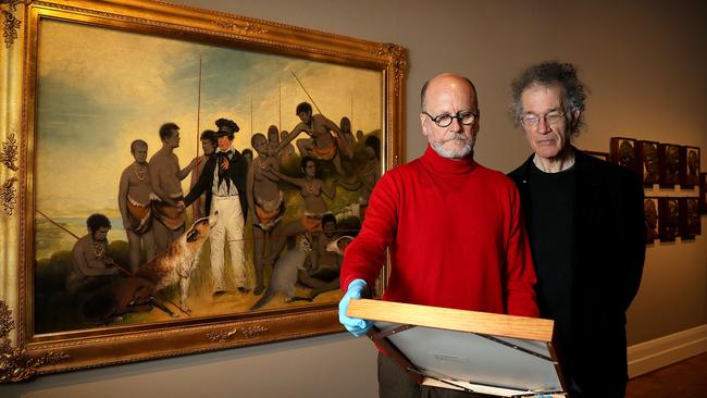 Dr Greg Lehman, left, and Professor Tim Bonyhady are curators of TMAG's exhibition The National Picture: The Art of TasmaniaÕs Black War. Picture: SAM ROSEWARNE.