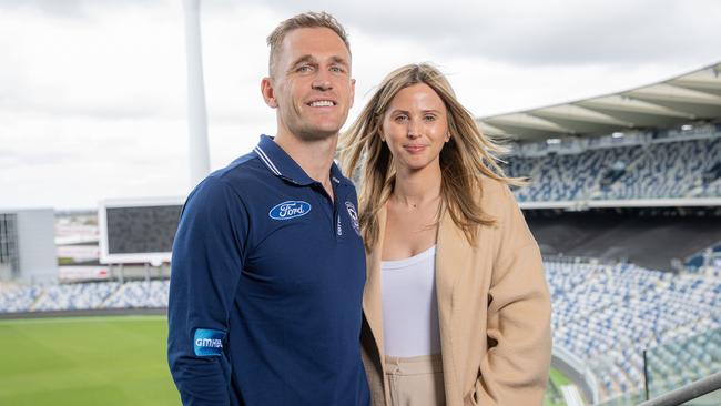 Joel Selwood and wife Brit. Picture: Jason Edwards