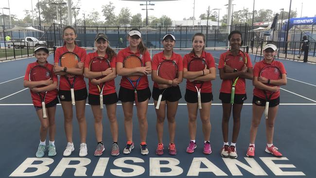 Kelvin Grove State High School tennis players Nicola Schoeman, Lara Smith, Jade Liebenberg, Sydney Stone, Javiera Castro, Martine Carroll, Lily Taylor, Ella Pittendreigh.