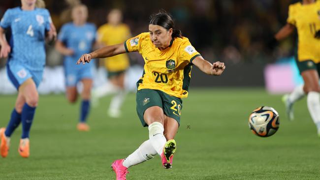 Sam Kerr took on two defenders before taking a long-range shot that left the stadium stunned during the FIFA Women's World Cup Semi Final match between Australia and England at Stadium Australia. (Photo by Brendon Thorne/Getty Images)