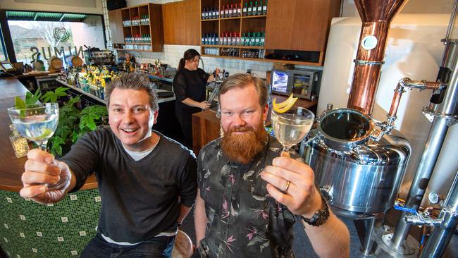 Luke Jacques (chief distiller) and Ziggy Palsson (bar manager) of Kyneton’s Animus Distillery. Picture: Jay Town