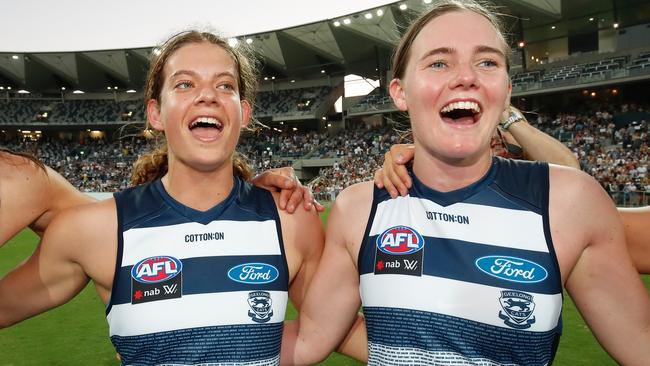 Nina Morrison (left) was best on ground for Geelong in her AFLW debut. Picture: Getty