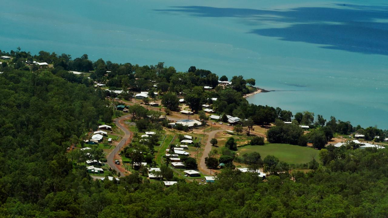 Aerial view of remote Aboriginal community of Milikapiti on the Tiwi Islands.