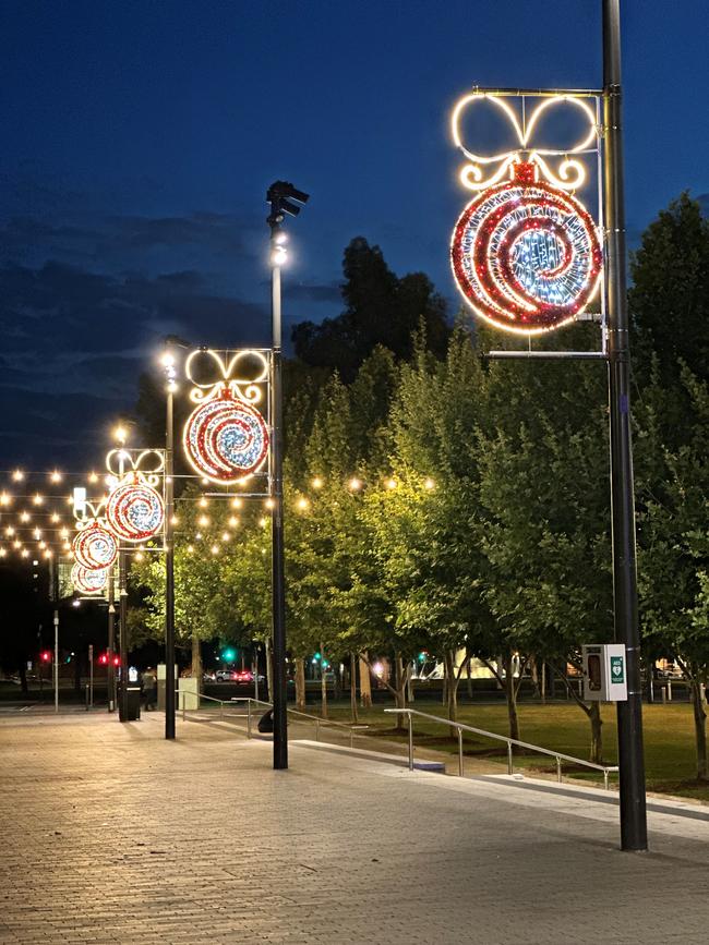 The new Christmas decorations include lamppost lighting between Victoria Square and Rundle Mall. Picture: Adelaide City Council