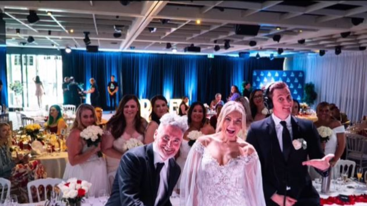 Dave Hughes, Erin Molan, Ed Kavalee and the brides at the 2DAY FM wedding.