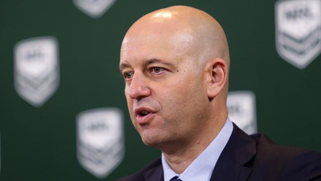 NRL CEO Todd Greenberg and COO Nick Weeks during a press conference to announce the Manly salary cap punishment at NRL Headquarters, Sydney. Picture: Brett Costello