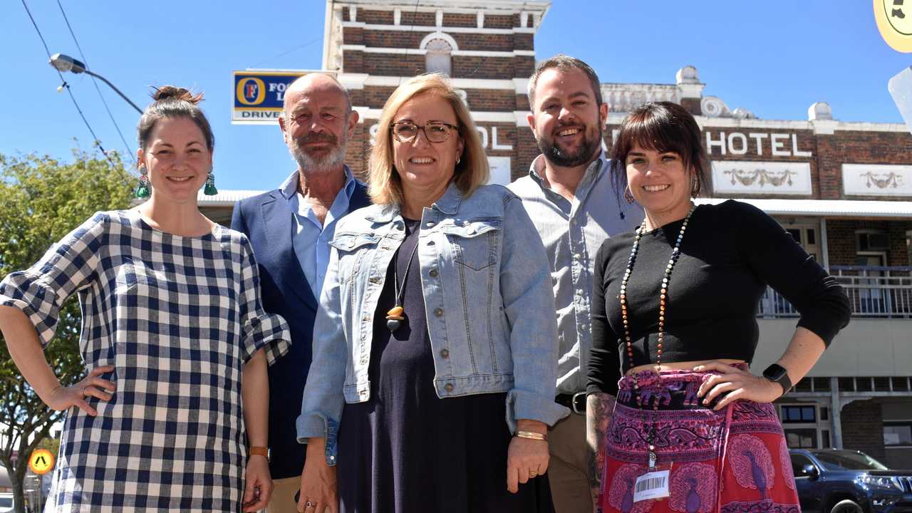 THINK LOCAL: Tahnee Holland from Gifts at Teacup, Greg Latta from the  Western Star , Gabby Barron from Gretel Lane, Maranoa Regional councillor Cameron O'Neil and Sharni Beck from Loot announce the Christmas parade's return. Picture: Ellen Ransley