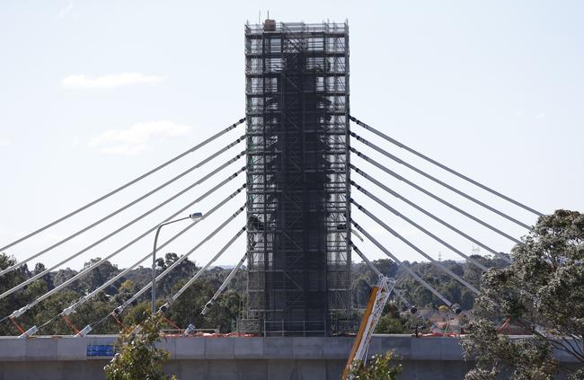 The new rail overpass across Windsor Road at Rouse Hill is similar in design to the Anzac Bridge in Sydney. Picture: David Swift