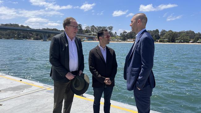 Bega MP Michael Holland (left), NSW Treasurer Daniel Mookhey (middle) and Eurobodalla mayor Mathew Hatcher (right) visiting the Batemans Bay pontoon. Picture: Tom McGann.