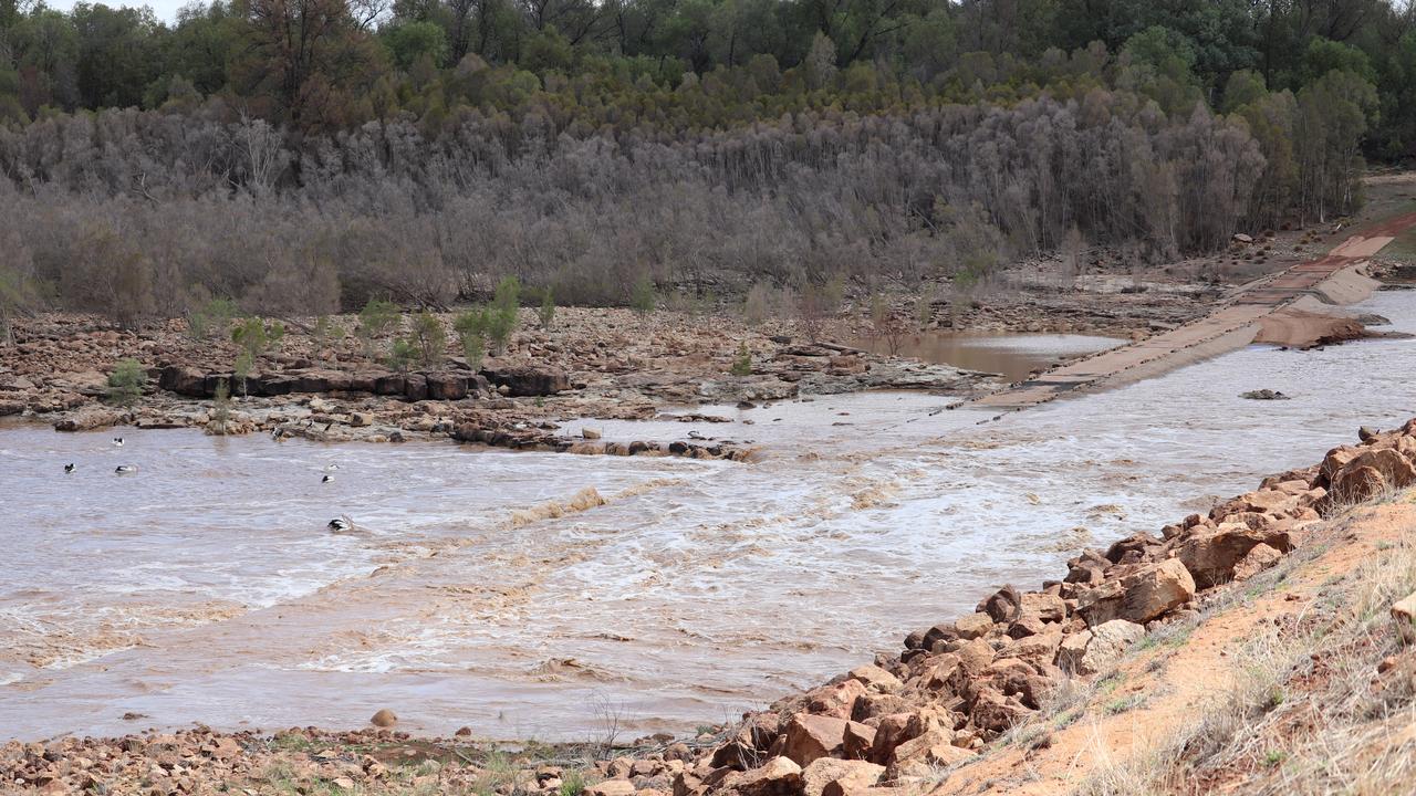 E.J. Beardmore Dam, St George, February 13. Massive inflows have nearly filled the dam, and water is spilling over.