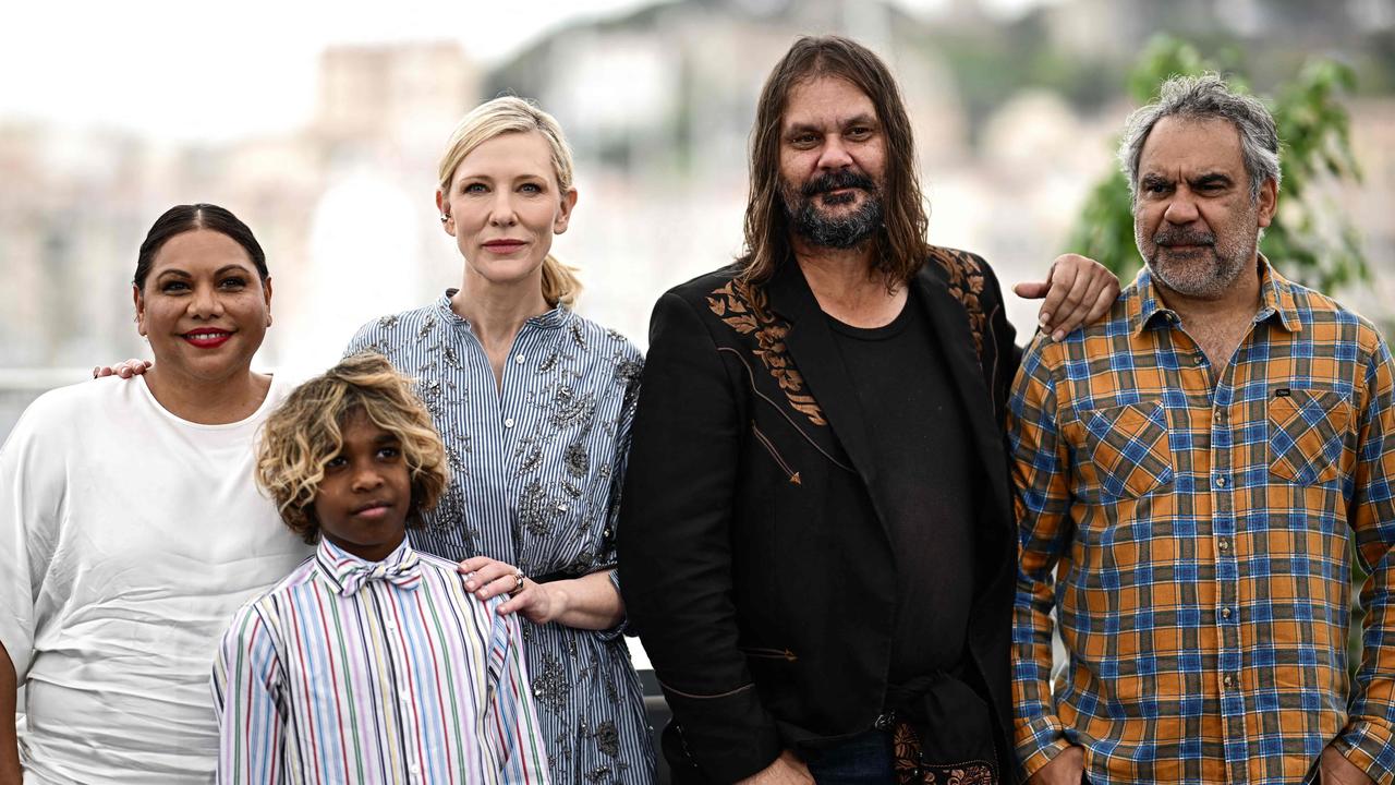 Australian actor Deborah Mailman, Australian actor Aswan Reid, Australian actor Cate Blanchett, Australian director Warwick Thornton and Australian actor Wayne Blair promoting The New Boy at this year’s Cannes Film Festival. Picture: Loic Venance/ AFP