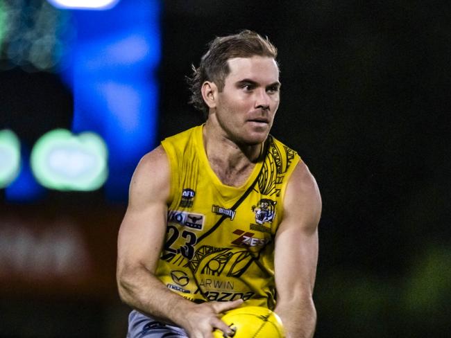 Brodie Filo racing downfield for the Nightcliff Tigers in the 2023-24 NTFL season. Picture: Patch Clapp / AFLNT Media