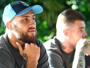 NSW Blues State of Origin players Blake Ferguson (left) and Josh Dugan talk at a breakfast before a media call in Sydney on Tuesday, May 23, 2017. The Blues will play the Queensland Maroons in the first match of the three game series in Brisbane on May 31. (AAP Image/Paul Miller) NO ARCHIVING