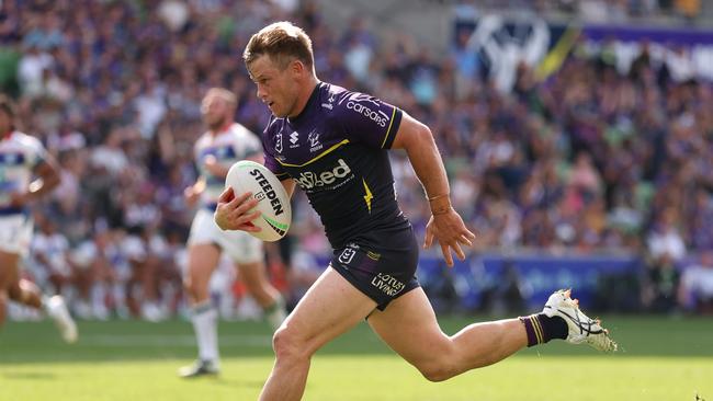 Harry Grant of the Storm runs with the ball during the round six NRL match between Melbourne Storm and New Zealand Warriors earlier this year. Photo: Robert Cianflone.