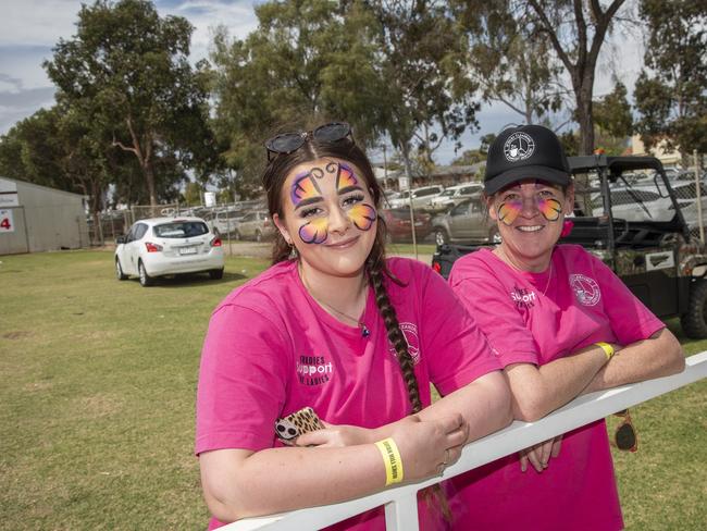 Claudia Crichton and Kylie Crocker rocking their "On Fridays We Wear Pink" breast cancer support gear at the 2024 Swan Hill Show. Picture: Noel Fisher.