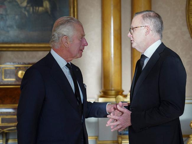 Britain's King Charles III speaks with Anthony Albanese, Prime Minister of Australia. Picture: AFP