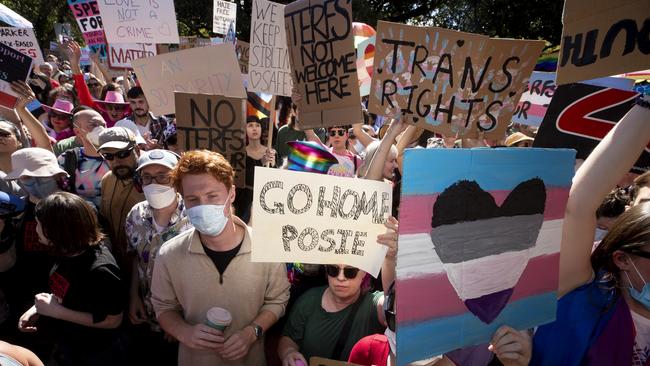 Trans-rights supporters protest against Kellie-Jay Keen’s appearance at Albert Park. Picture: Dean Purcell/NZ Herald.