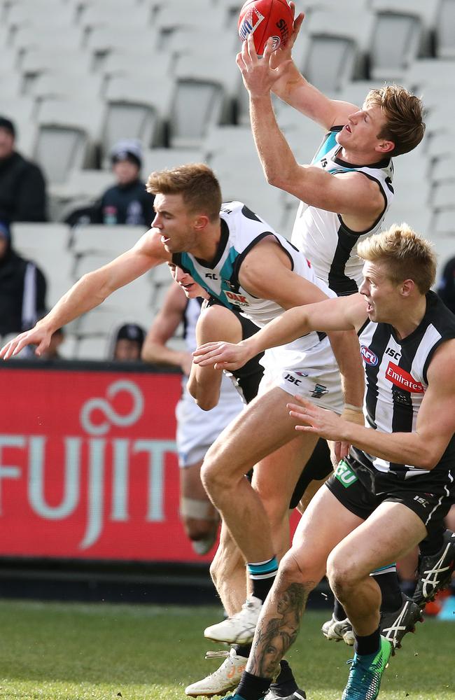 Port Adelaide's Tom Jonas takes a strong defensive mark for Port Adelaide. Picture: Michael Klein