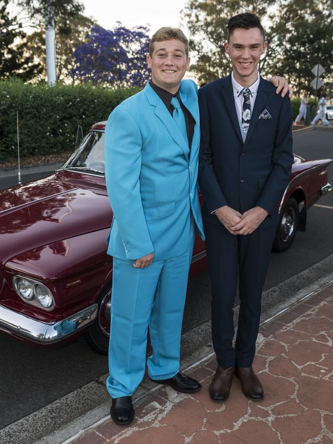 Tristan Klein (left) and Brodie Hahn at Centenary Heights State High School formal at Picnic Point, Friday, November 20, 2020. Picture: Kevin Farmer