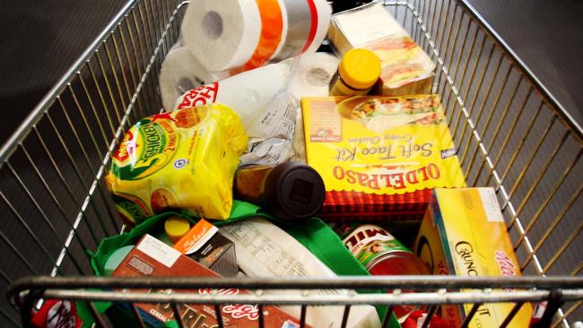 Generic Woolworths shopping trolley full of groceries