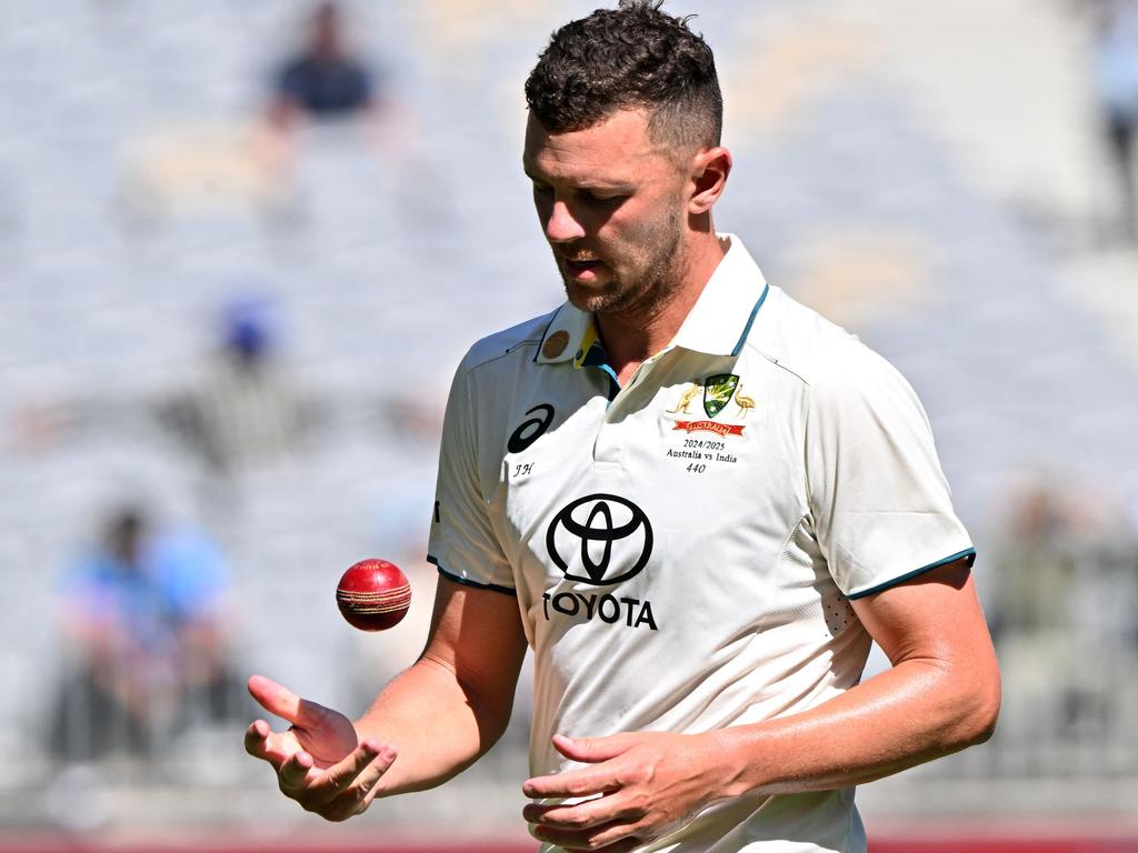 Josh Hazlewood’s patience had worn thin by stumps on day three. Picture: Saeed Khan/AFP