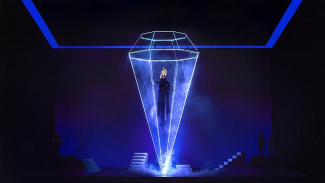 Kylie Minogue descends at the tour debut in Perth on February 15, 2025. Picture: Erik Melvin