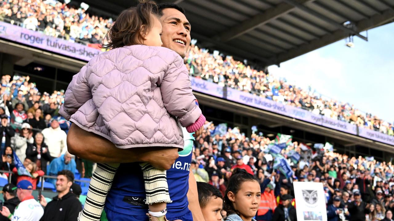 Roger Tuivasa-Sheck walks out with his children in front of another sellout crowd in New Zealand. Picture: Hannah Peters/Getty Images