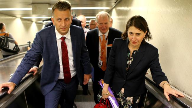 Premier Gladys Berejiklian (right) and Transport and Infrastructure Minister Andrew Constance at Central Station.