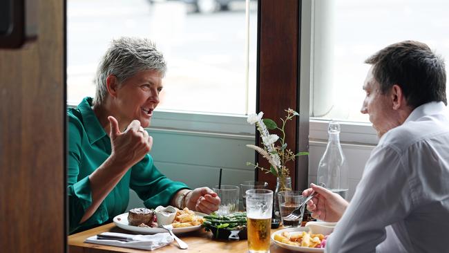 Five-time Olympian Natalie Cook OAM with journalist Hayden Johnson at The Boatshed, Regatta Hotel. Picture: Tara Croser.