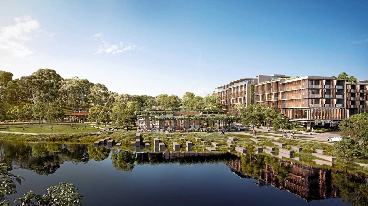 IMPRESSIONS: An artist impression of the view from across the lake to the cafes and retail of the village heart and the 5-star The Westin Coolum Resort and Spa. Picture: Sekisui House