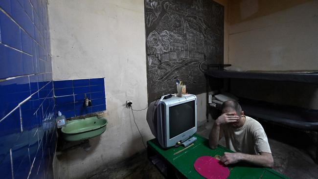 A Russian prisoner of war sits in a cell at Lukyanivska Prison in Kyiv amid the Russian invasion of Ukraine. Picture: AFP