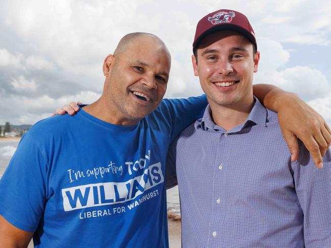 Former star Sea Eagles fullback Darrell Williams has flown back to his old stomping ground to help son Toby replace Brad Hazzard in Wakehurst at the state Election. Picture: David Swift