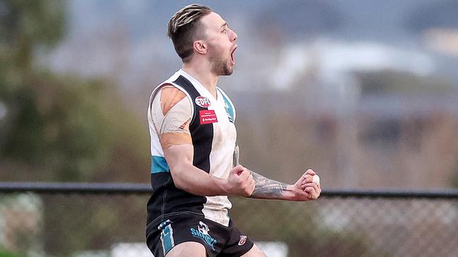 EDFL: Zak Wunhym of Hillside celebrates his goal. Picture: George Salpigtidis