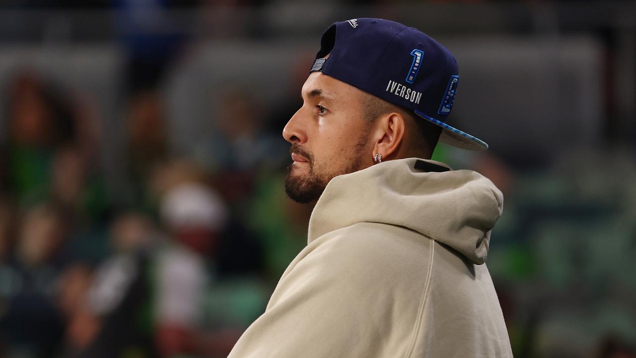 Nick Kyrgios looks on during warmups prior to the round seven NBL match between South East Melbourne Phoenix and Melbourne United at John Cain Arena on November 12, 2023 in Melbourne, Australia. (Photo by Graham Denholm/Getty Images)