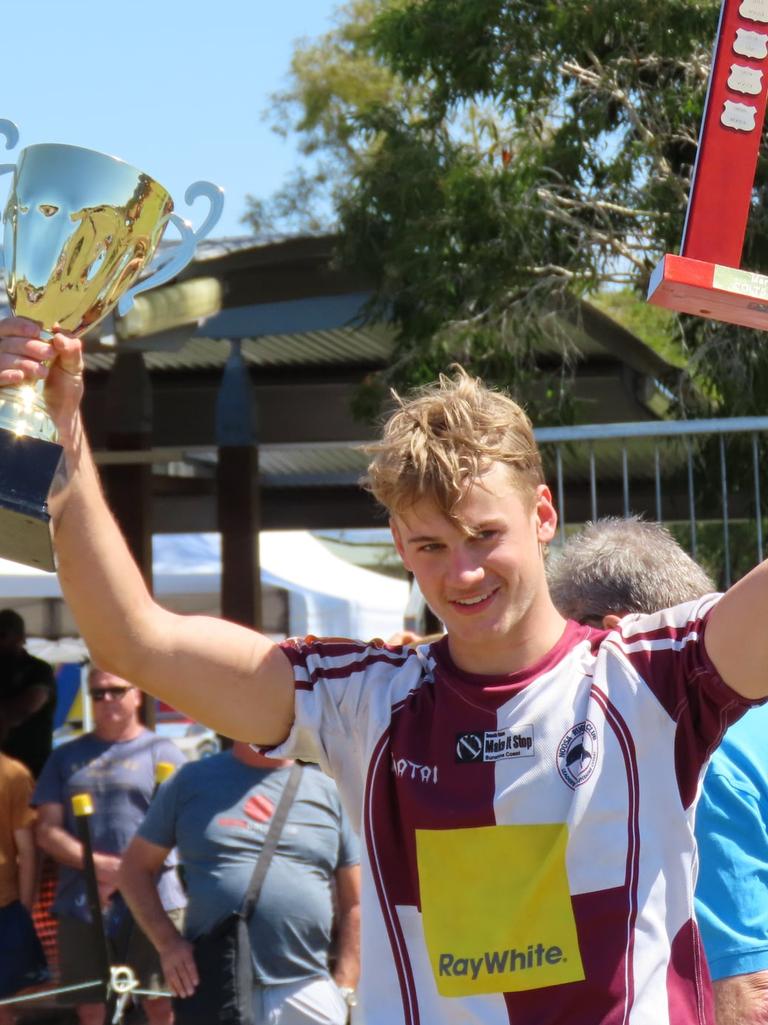 Noosa Dolphins captain Leo Langbridge celebrates winning the Sunshine Coast colts premiership.