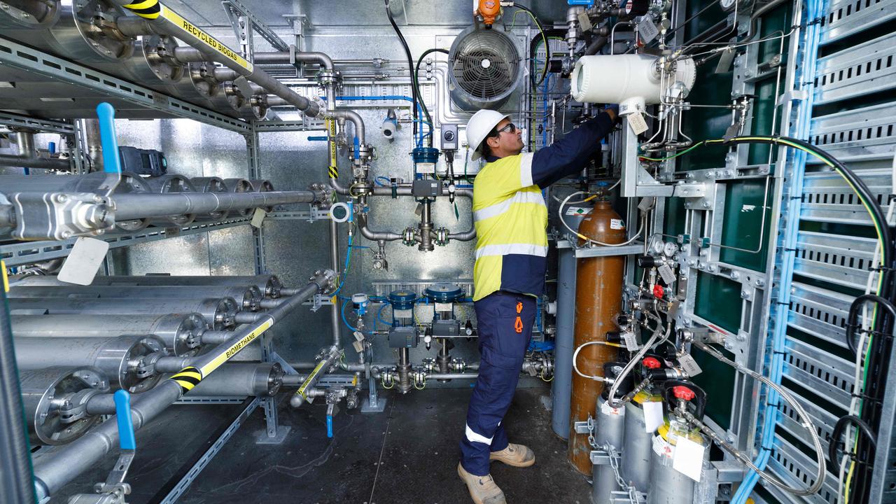 A Jemena Gas Technician Trent Spurr checking the CO2 filter system which seperates CO2 from the Methane. Picture: Max Mason-Hubers