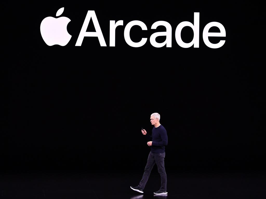 Apple CEO Tim Cook debuts Apple’s new gaming service. Picture: AFP