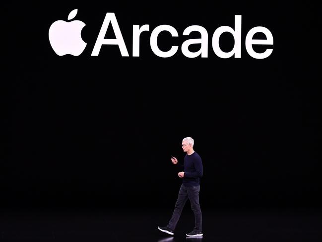 Apple CEO Tim Cook debuts Apple’s new gaming service. Picture: AFP