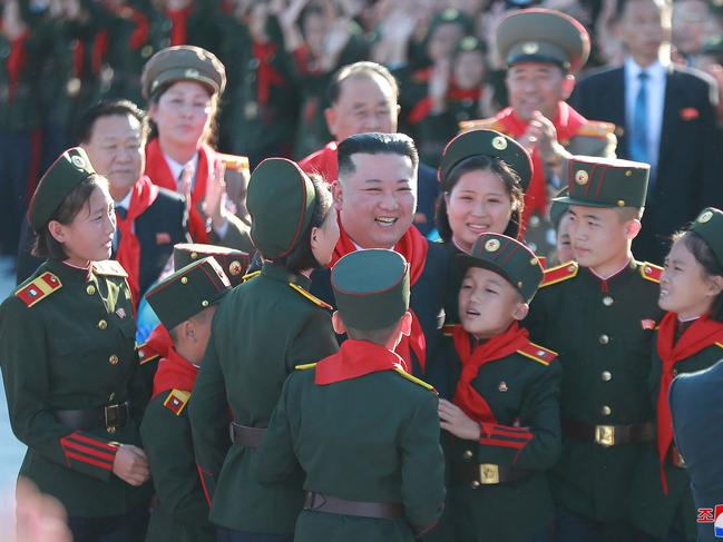 North Korean leader Kim Jong-un attends a ceremony to mark the 75th anniversaries of the founding of Mangyongdae Revolutionary School and Kang Pan Sok Revolutionary School. Picture: KCNA VIA KNS / AFP/