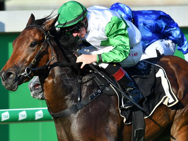 Jockey Jim Byrne rides Outback Barbie to victory at Doomben in December. 