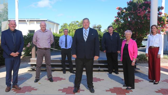 (From left) Whitsunday Regional Council Division 6 councillor Mike Brunker, Division 5 councillor Gary Simpson, Division 2 councillor Al Grundy, Mayor Andrew Willcox, deputy mayor and Division 3 councillor John Collins, Division 1 councillor Jan Clifford and Division 4 councillor Michelle Wright. Picture: Jordan Gilliland