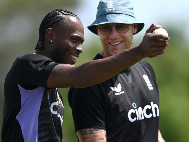 Archer speaks with assistant coach Andrew Flintoff during a net session. Picture: Gareth Copley/Getty Images