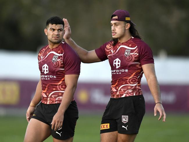 (L-R) David Fifita and Tino Fa'asuamaleaui training with the Maroons. Picture: NRL photos