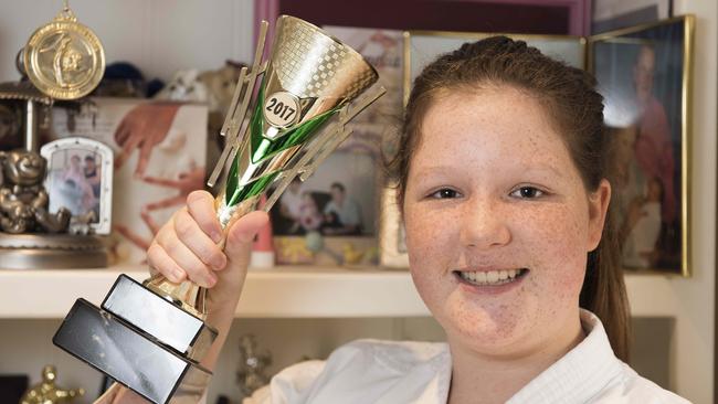 Amelia Cain, 13, is the Australian Under-14 national champion in Kyokushin (full contact) karate and is heading to Japan this month to compete in a prestigious world championship tournament. Picture: Ellen Smith.