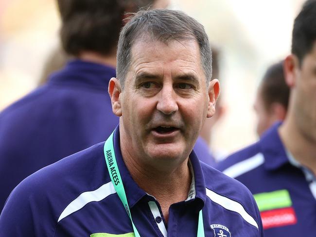 Ross Lyon coach of the Dockers at three quarter time during the Round 7 AFL match between the Richmond Tigers and the Fremantle Dockers at the MCG in Melbourne, Sunday, May 6, 2018. (AAP Image/Hamish Blair) NO ARCHIVING, EDITORIAL USE ONLY