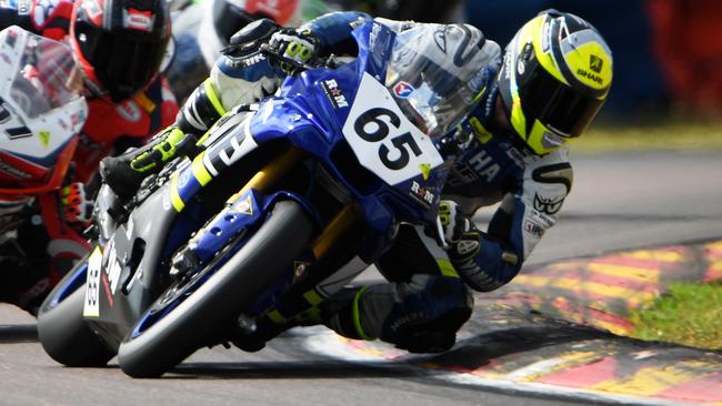 NSW's Cru Halliday on his Yamaha YZF-R1 leans into a corner in a 2017 Superbike race in Darwin. Picture: Justin Kennedy