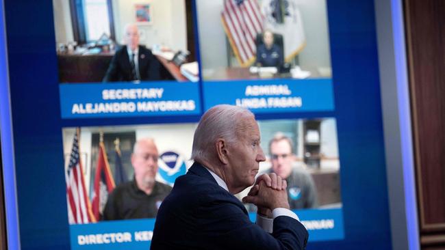 Joe Biden listens to a briefing about Hurricane Milton. Picture: AFP.