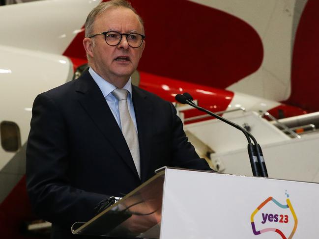 SYDNEY, AUSTRALIA  - AUGUST 14 2023: Prime Minister, Anthony Albanese gives a speech at the launch of the Qantas 'Yes' Campaign  in Sydney. Picture: NCA Newswire / Gaye Gerard